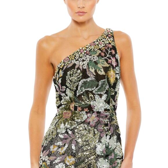 Mac Duggal – Embellished Floral One Shoulder Gown – Black Multi – Size 6 - Picture 11 of 12